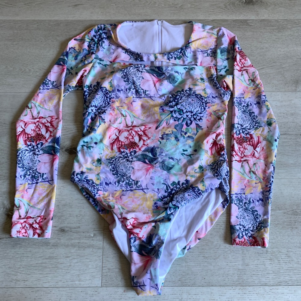 Phax Womens Floral Long Sleeve One Piece Swimsuit Cutout Back Zip XL Multi Color